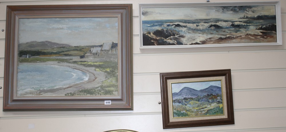 Three Irish works: Ursula Scott, oil on canvas, Coastal landscape, 40 x 50cm, A J S McKelvey, oil on board, Seascape, 20 x 70cm and M L